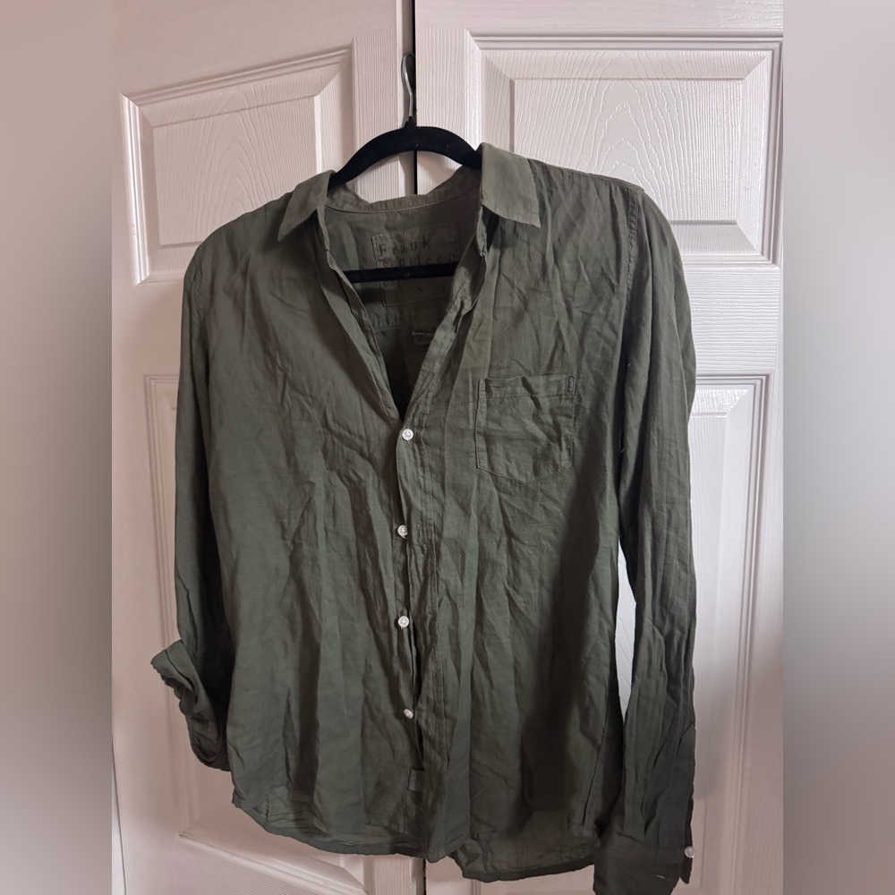 Olive Green Button-Up Shirt Frank & Eileen size small